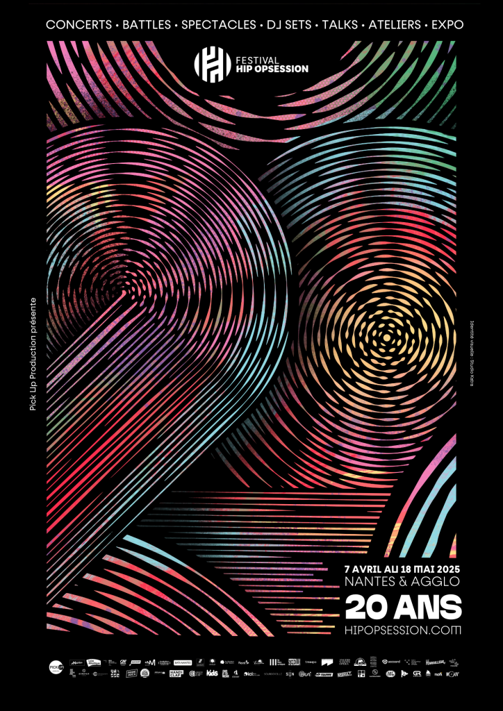 Affiche du festival Hip OPsession pour ses 20 ans en 2025. Une programmation riche, une birthday party, des concerts, du hip hop, rendez-vous à Nantes en mai. 